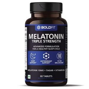 Boldfit Melatonin 10mg with Tagara 125mg with Vitamin B6 Sleep Support Supplement for Men and Women- 60 Sleeping Tablets